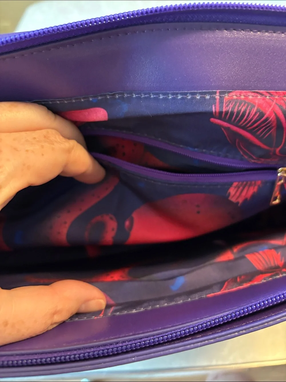 FUNKY SEA CREATURES book bag. Faux purple leather. Bright red and pink sea life.